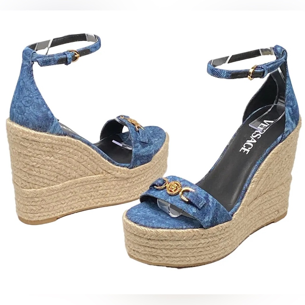 VERSACE Medusa Barocco Denim Wedge Sandals, NWT + Box & Dust Bag
